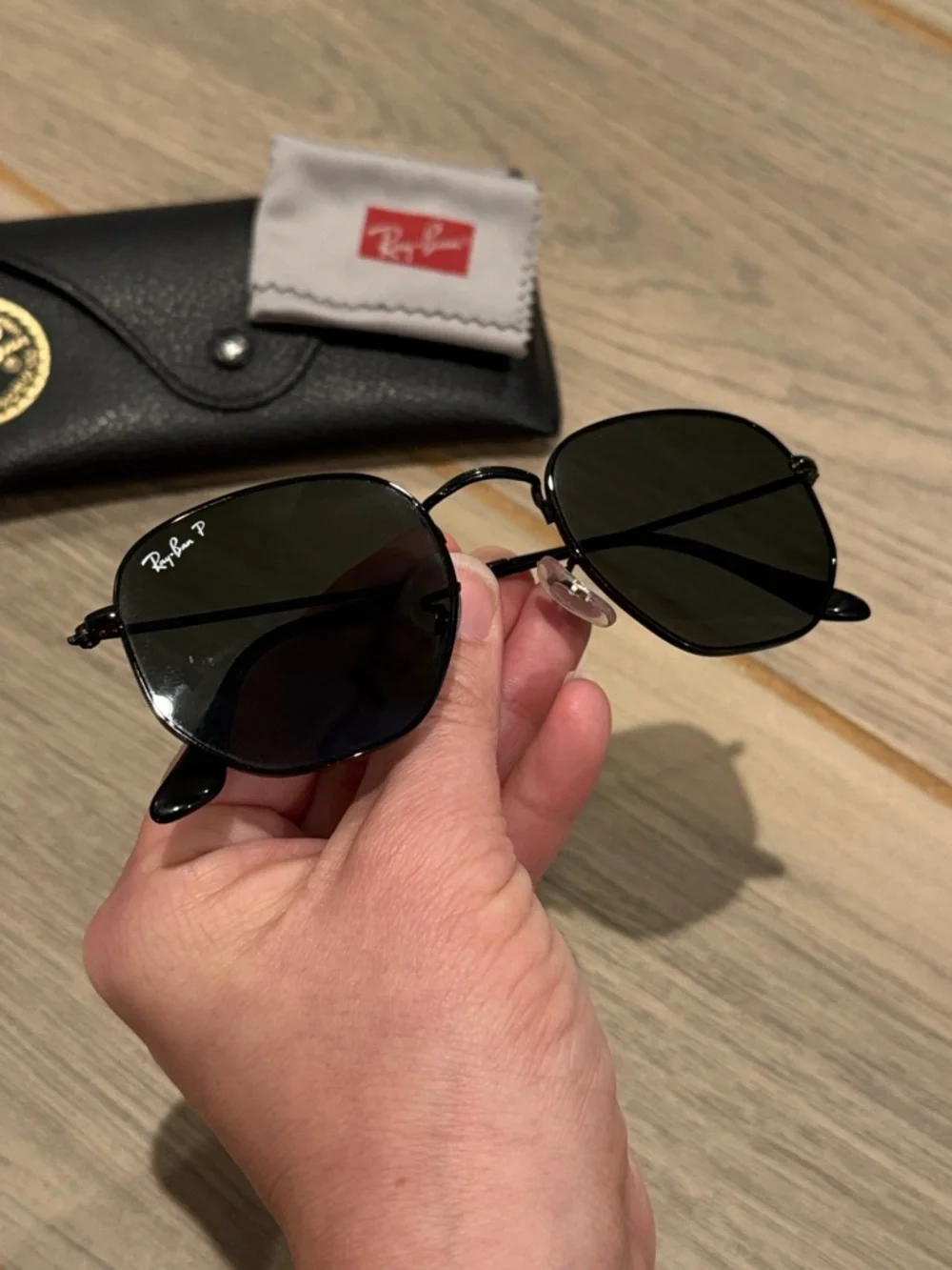 Ray-Ban Hexagonal Black Frame Sunglasses with Dark Green Lenses
